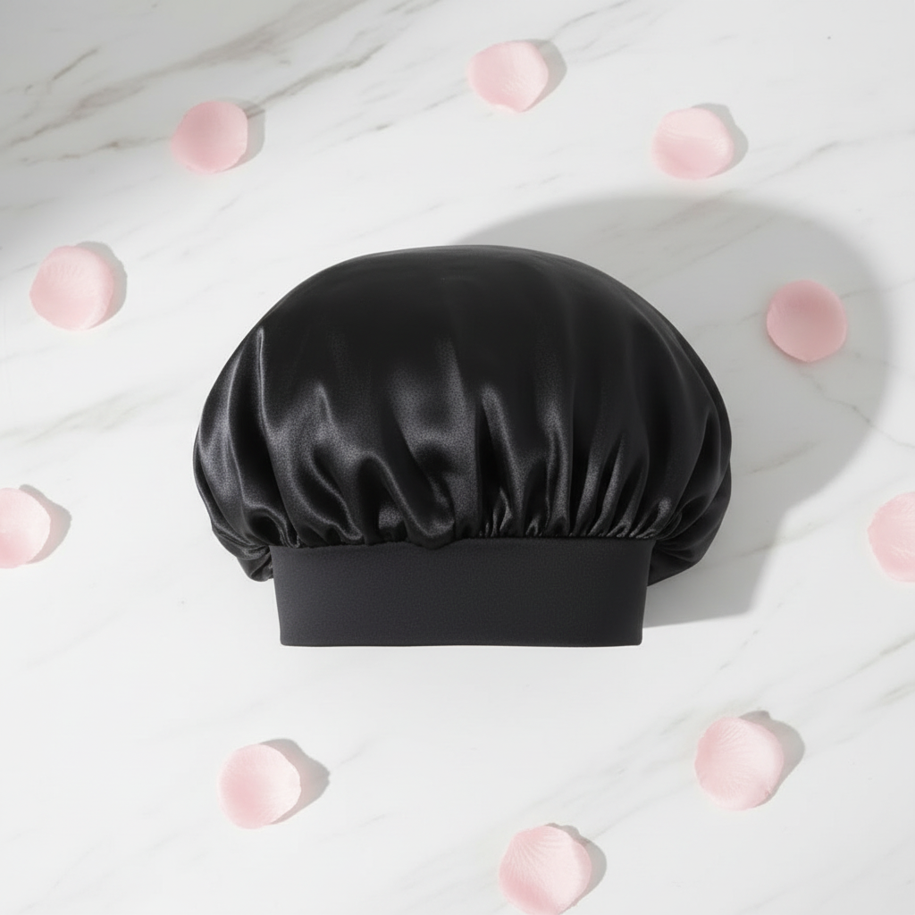 Black silk bonnet solo marble flat lay